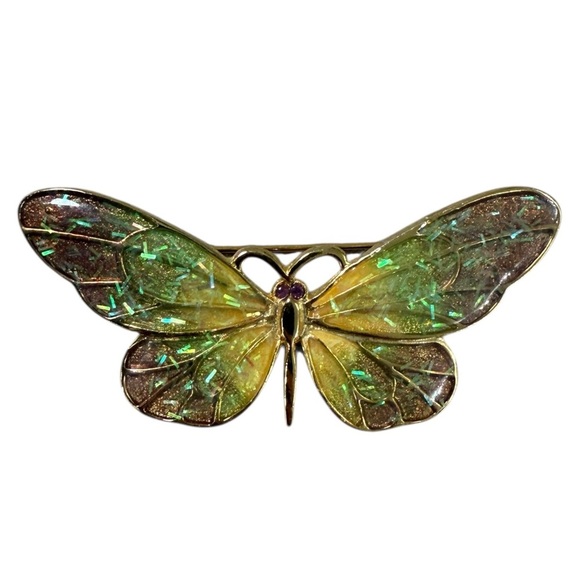 Vintage Iridescent Butterfly Brooch Gold Tone Statement Pin 70s - Picture 1 of 5